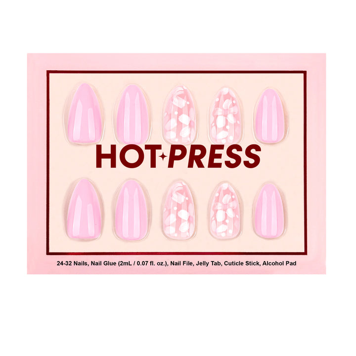Hot Press Do-It-Yourself Nail kit with pink base and flower accent nails.