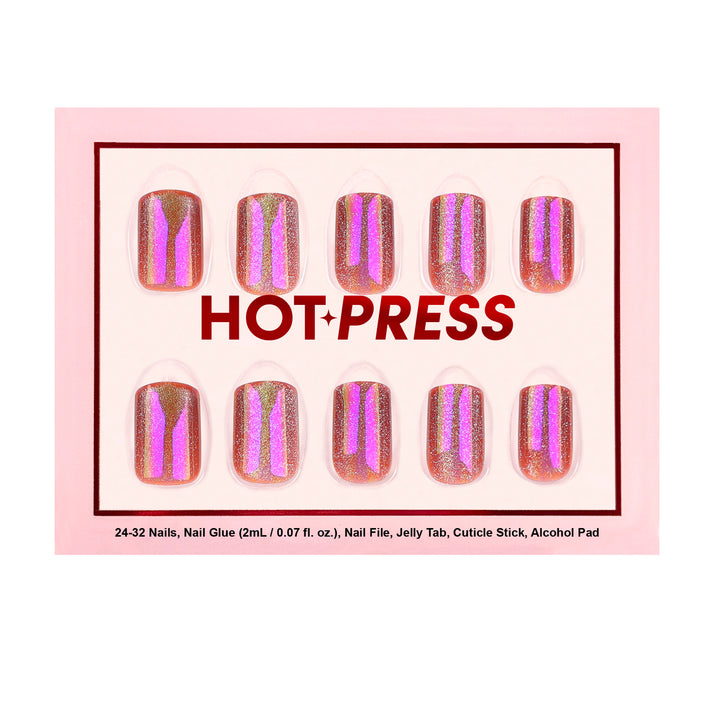 Glazed Lychee short square press-on nails featuring an iridescent multi-chrome pearlescent base topped with a highly reflective velvet cat-eye magnetic rainbow shimmer.