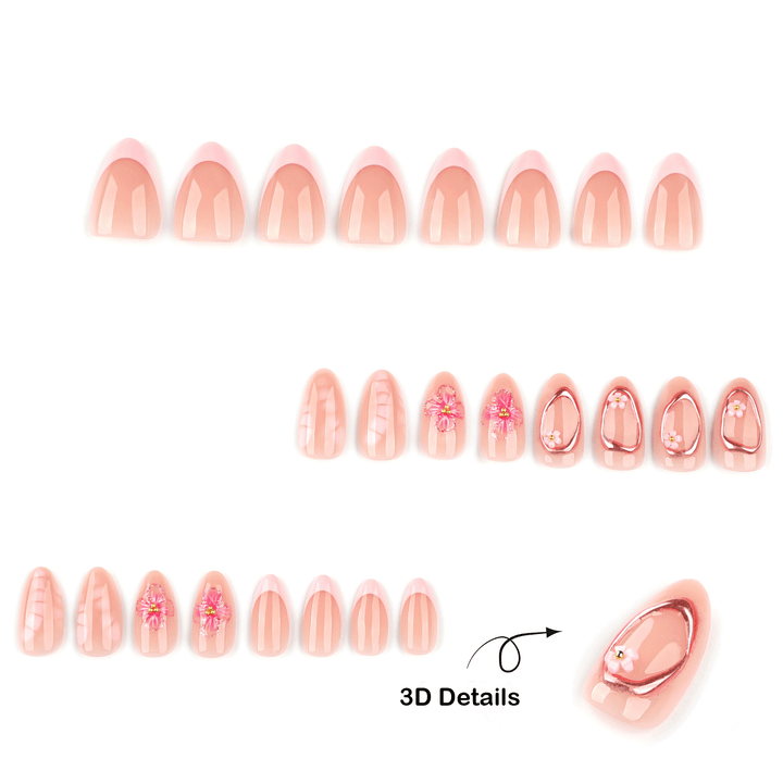 Set of pink nail extensions with 3D details on a nude background