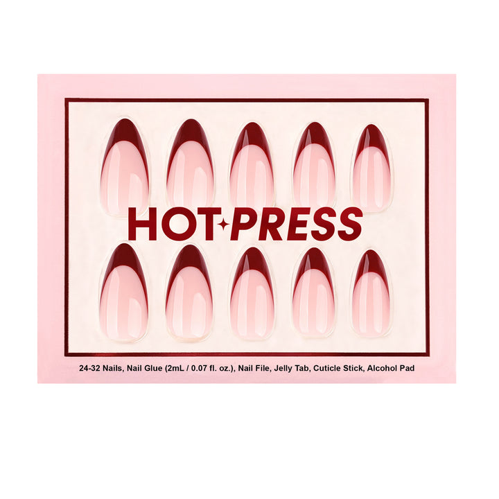 Mulberry Edge almond press-on nails featuring a deep maroon French tip design over a light pink base.