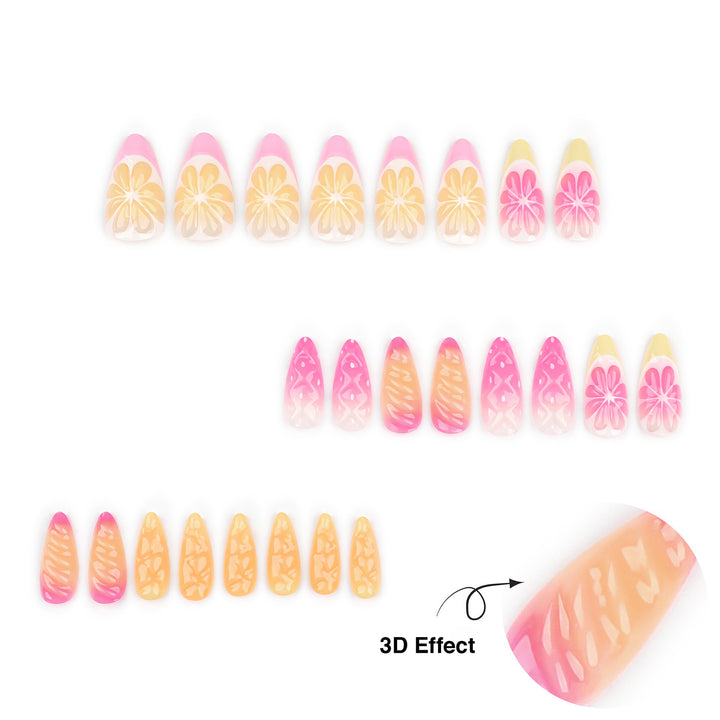 Almond-shaped press-on nails with a pink and yellow citrus theme. The design features detailed lemon and grapefruit slices with a raised 3D texture that looks like real fruit pulp.