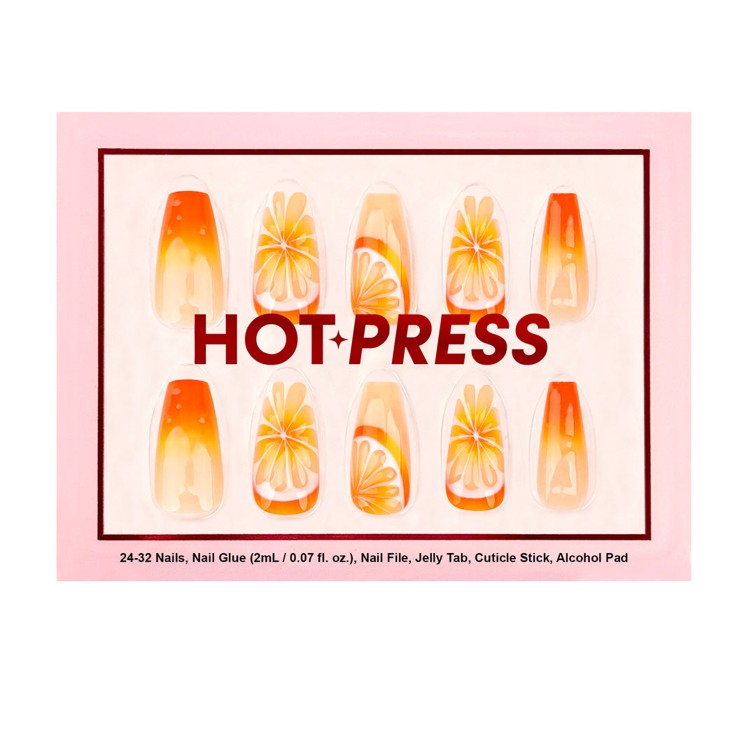 The Summer Zest set brings a burst of energy to your look. It features a bright orange ombre and realistic citrus slice art. A unique 3D texture adds clear water droplets to the surface, making the nails look fresh and cool. It is the perfect bold choice for summer.
