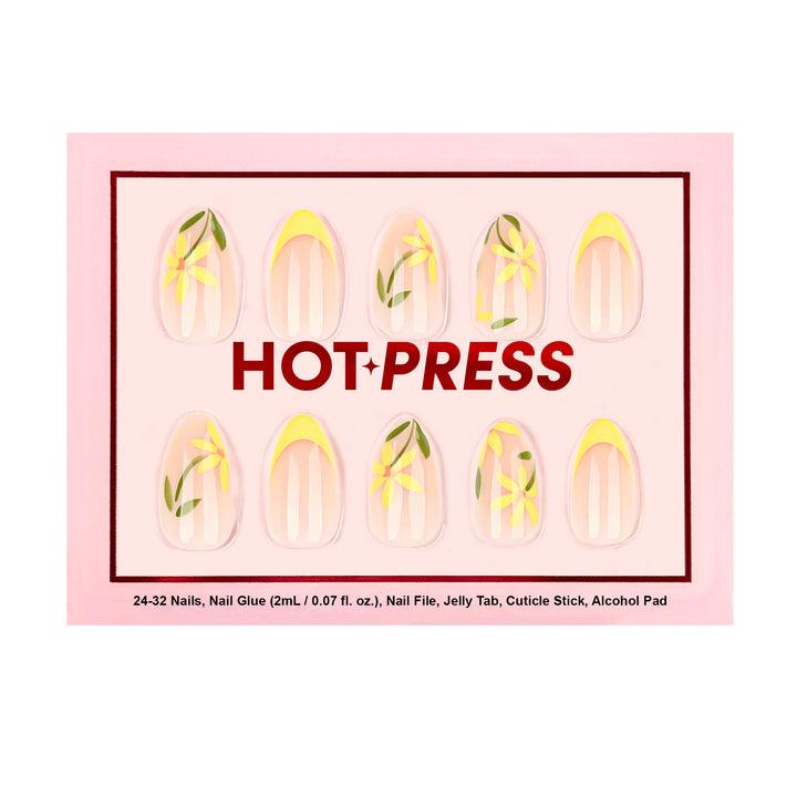 Medium almond press-on nails with a sheer nude base, featuring buttery yellow French tips and hand-drawn yellow daisies with green leaf accents.