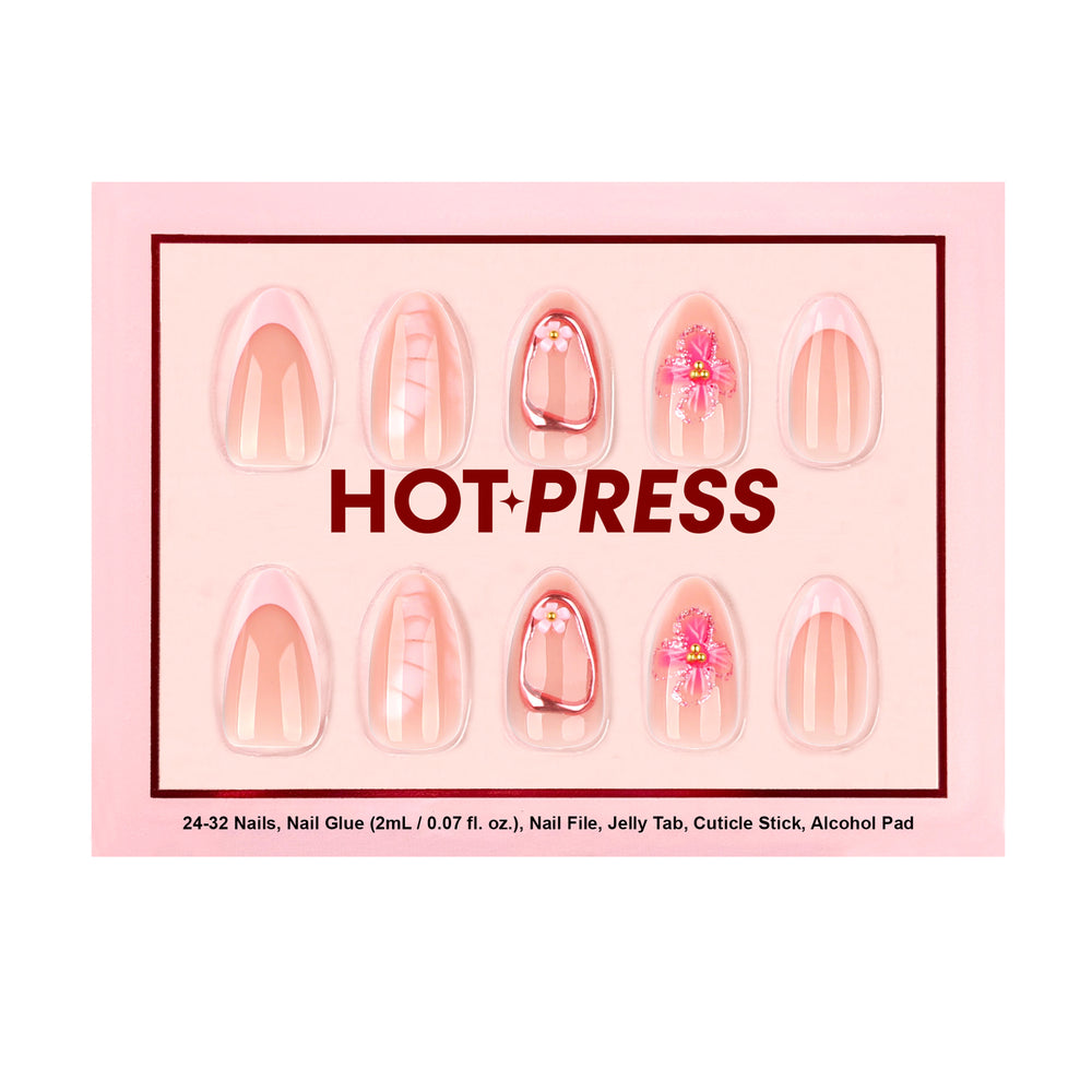 Hot Press nail art kit packaging with accent 3D nail effect on a light pink base
