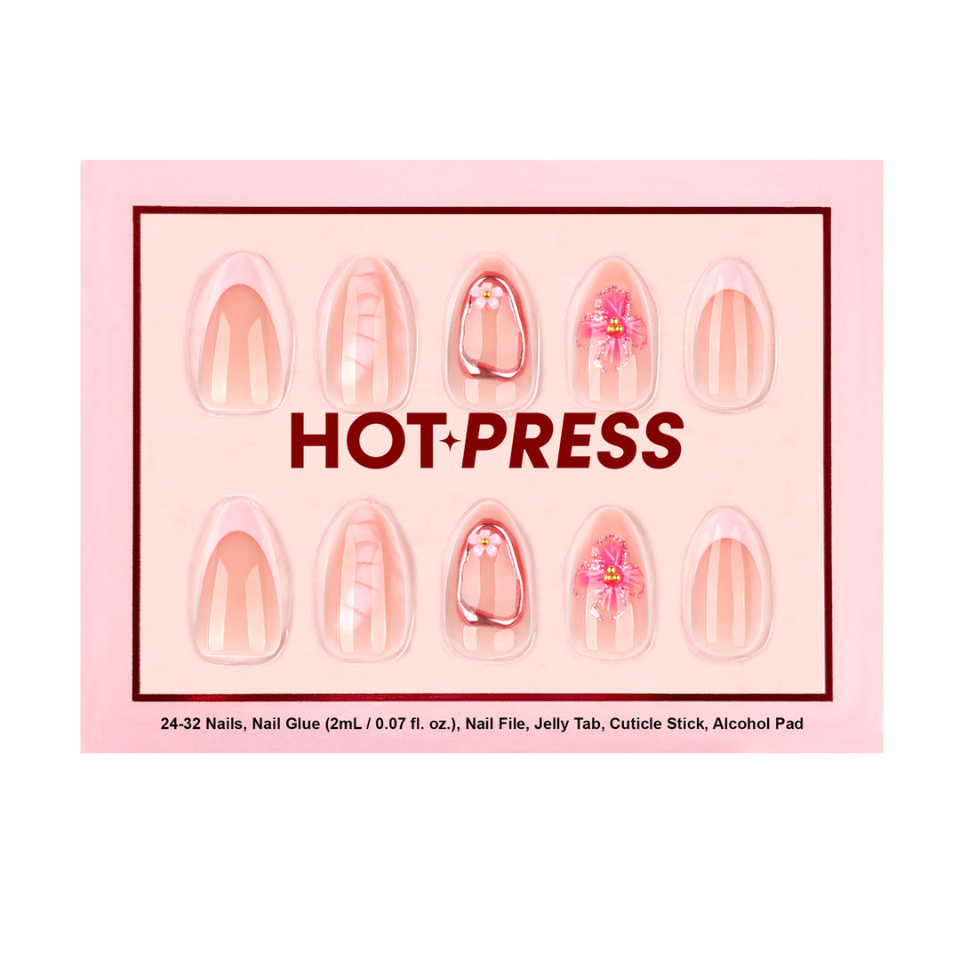 Hot Press nail art kit packaging with accent 3D nail effect on a light pink base