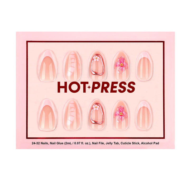 Hot Press nail art kit packaging with accent 3D nail effect on a light pink base