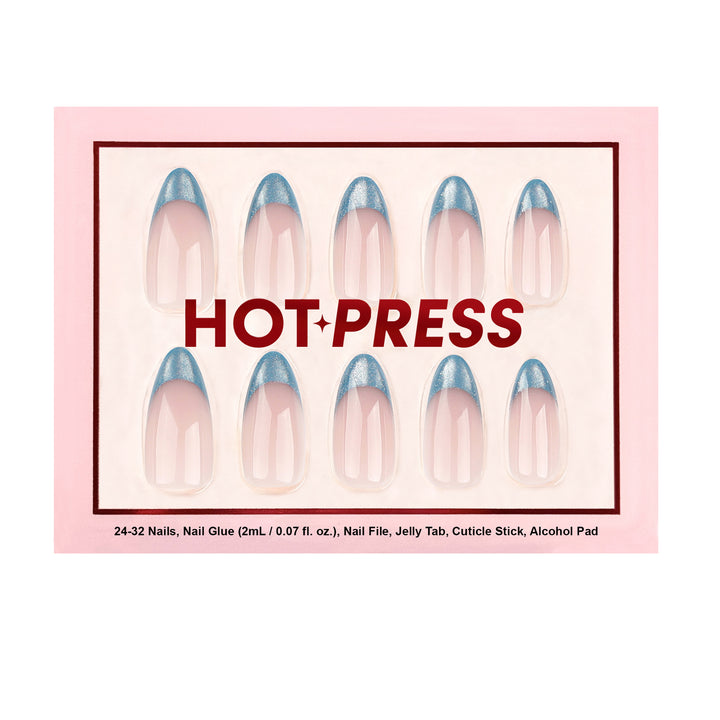 Velvet Nebula short almond press-on nails featuring a shifting blue cat-eye magnetic French tip design.