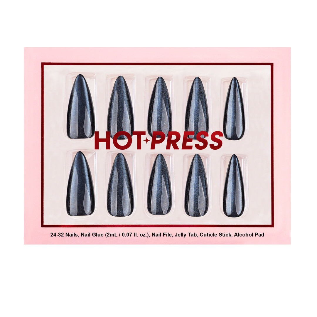 Black Shadow long stiletto press-on nails featuring a multi-dimensional black and gray smoky marbled velvet finish.