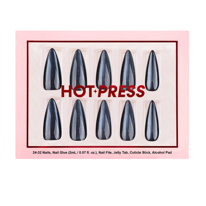 Black Shadow long stiletto press-on nails featuring a multi-dimensional black and gray smoky marbled velvet finish.