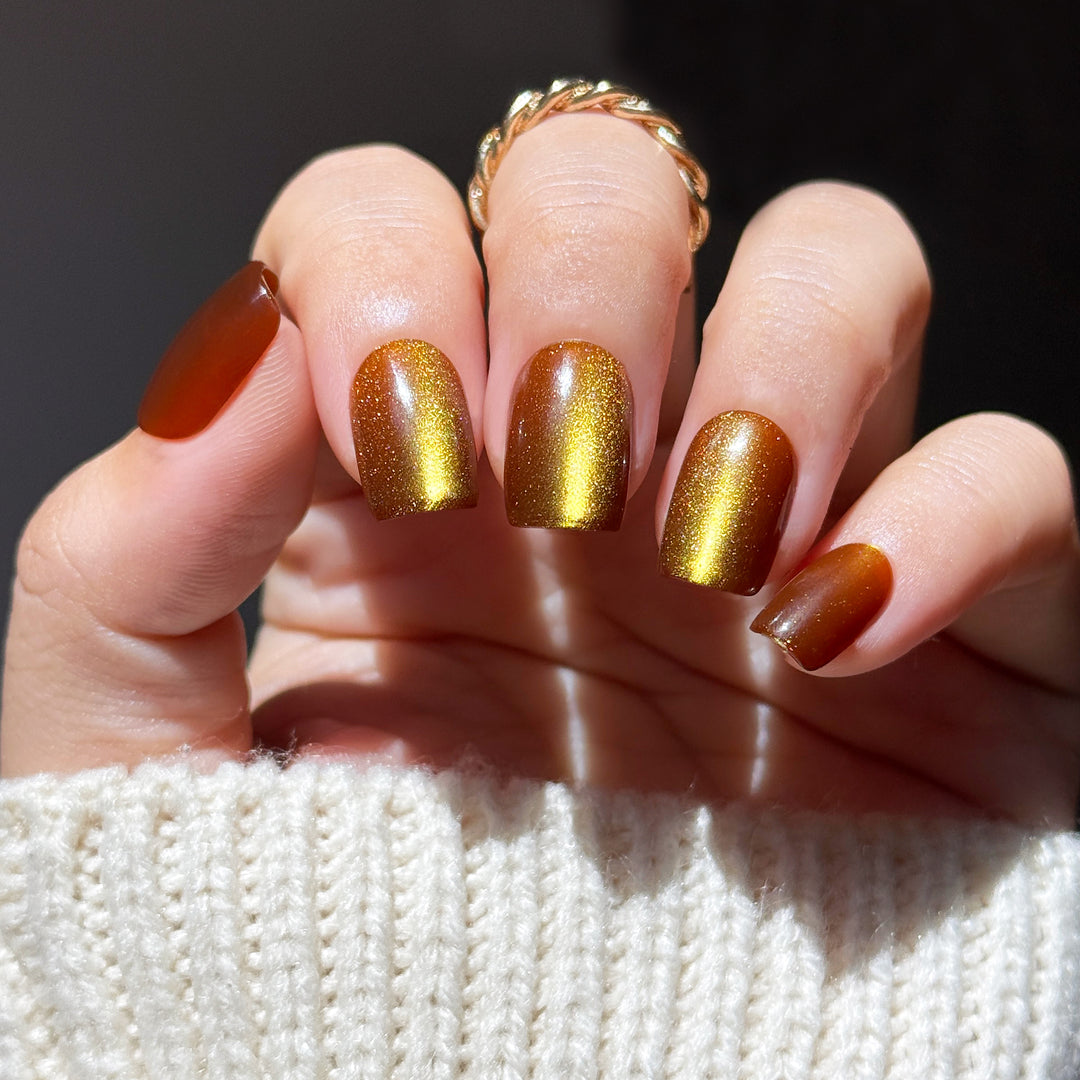 Brown Sugar short square press-on nails featuring a deep warm chocolate brown base topped with a brilliant gold velvet cat-eye magnetic flash reflection.