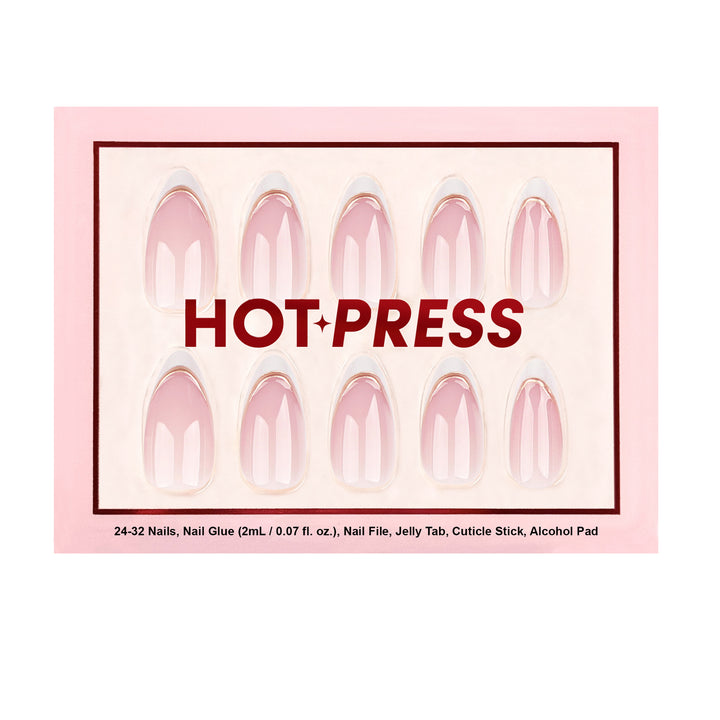 Classy Contour almond press-on nails featuring a white French tip outlined with a fine gold line over a light pink base.