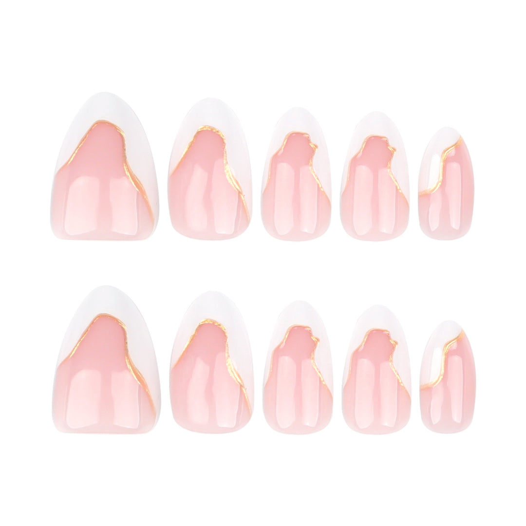 Contour Couture almond bridal press-on nails featuring a translucent pink base decorated with abstract wavy white french tips and thin gold metallic outlines.