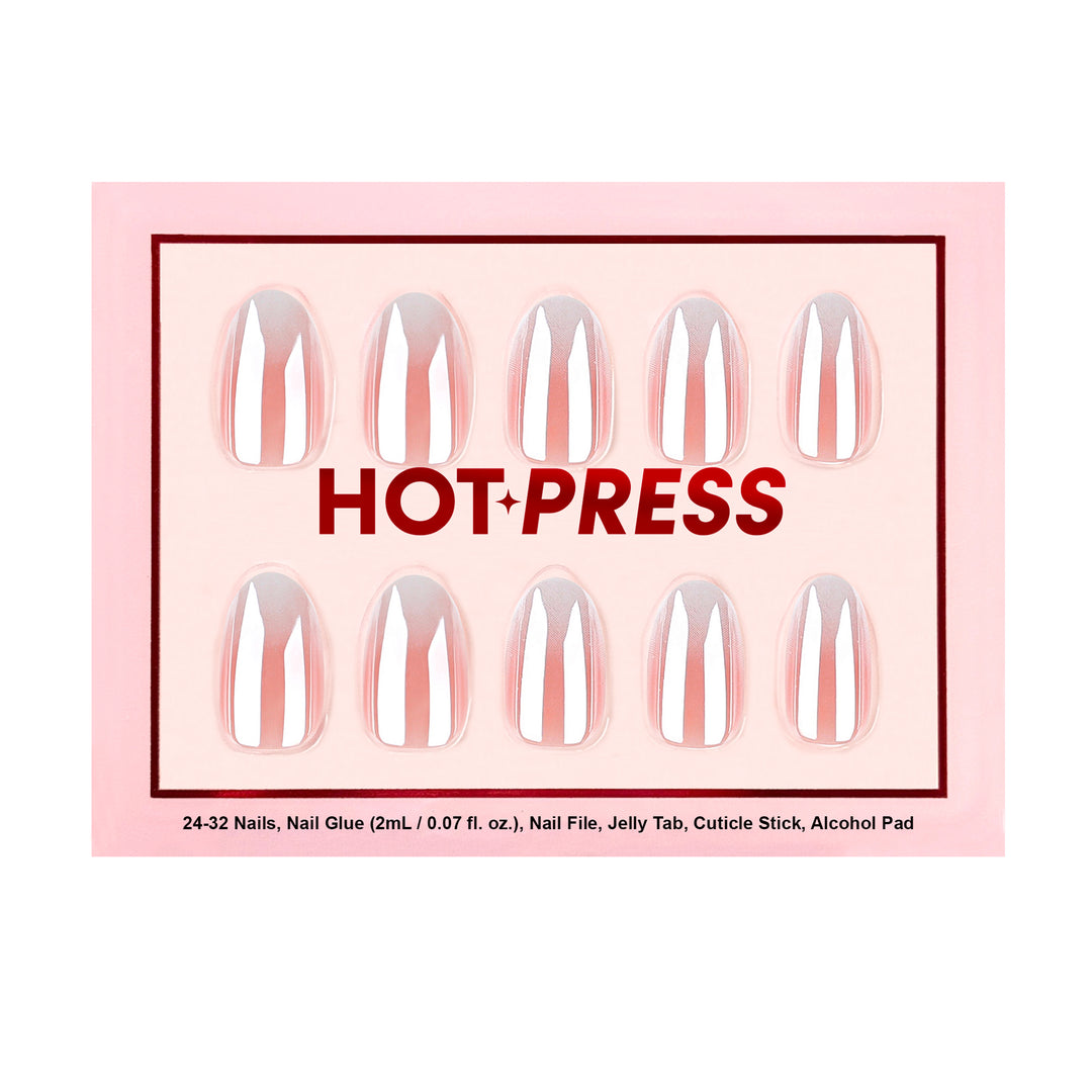 Glazed Pearl Ombre almond press-on nails featuring a soft pink and white gradient fade with an iridescent chrome overlay finish.