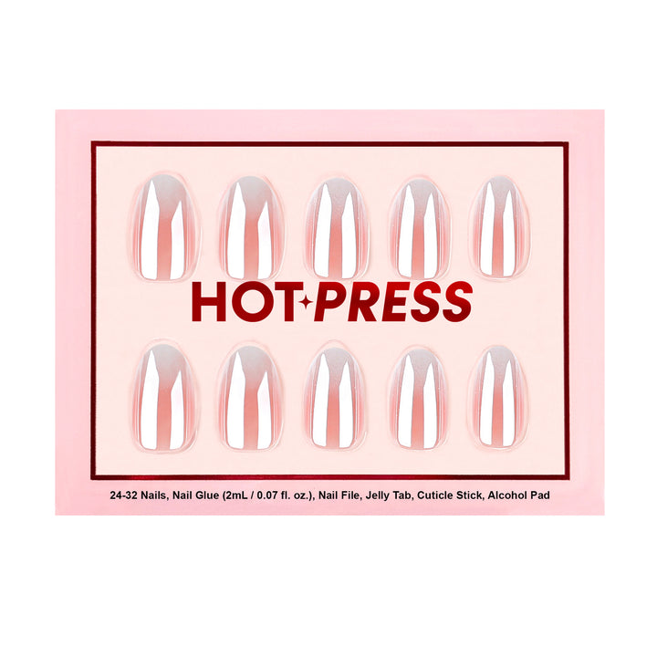 Glazed Pearl Ombre almond press-on nails featuring a soft pink and white gradient fade with an iridescent chrome overlay finish.