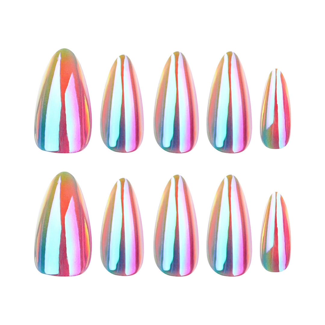 Glazed Cotton Candy short almond press-on nails featuring a hot pink central aura blush design on a milky white base with a glazed finish