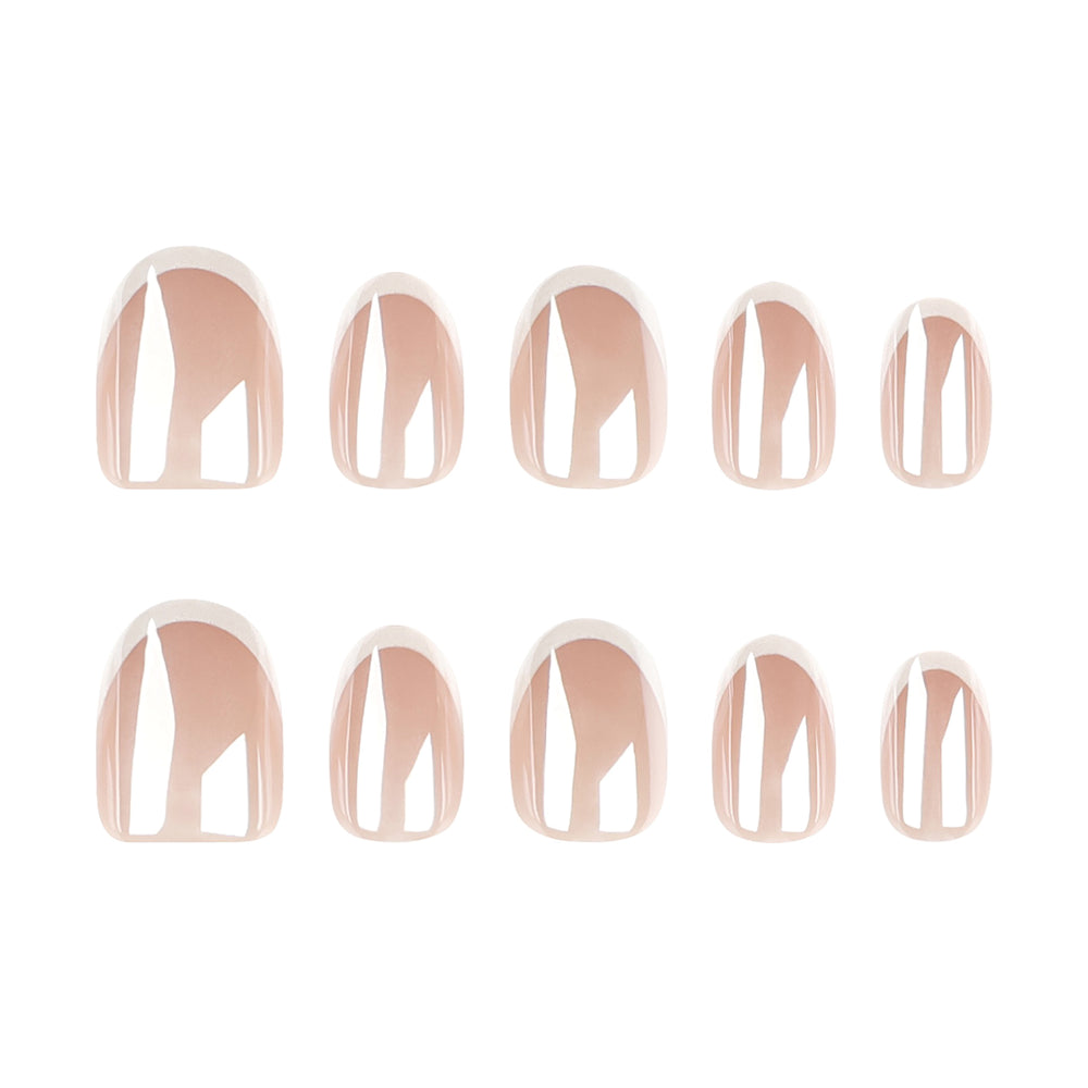Glazed French 2 short almond press-on nails featuring a luminous iridescent pearlescent pink-nude base with crisp white French tips and a glazed donut chrome finish.