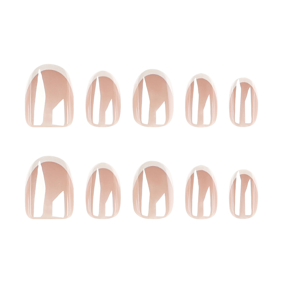 Glazed French 2 short almond press-on nails featuring a luminous iridescent pearlescent pink-nude base with crisp white French tips and a glazed donut chrome finish.