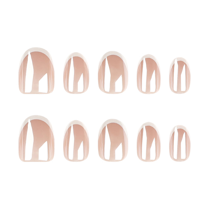 Glazed French 2 short almond press-on nails featuring a luminous iridescent pearlescent pink-nude base with crisp white French tips and a glazed donut chrome finish.