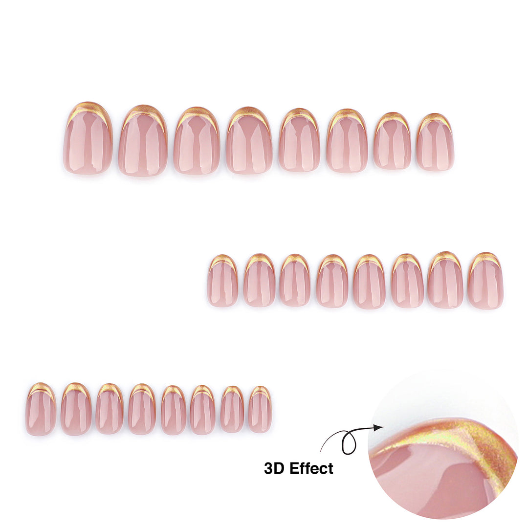 Golden Tip Veil short oval press-on nails featuring a high-gloss pearlescent base with a delicate thin gold French tip.