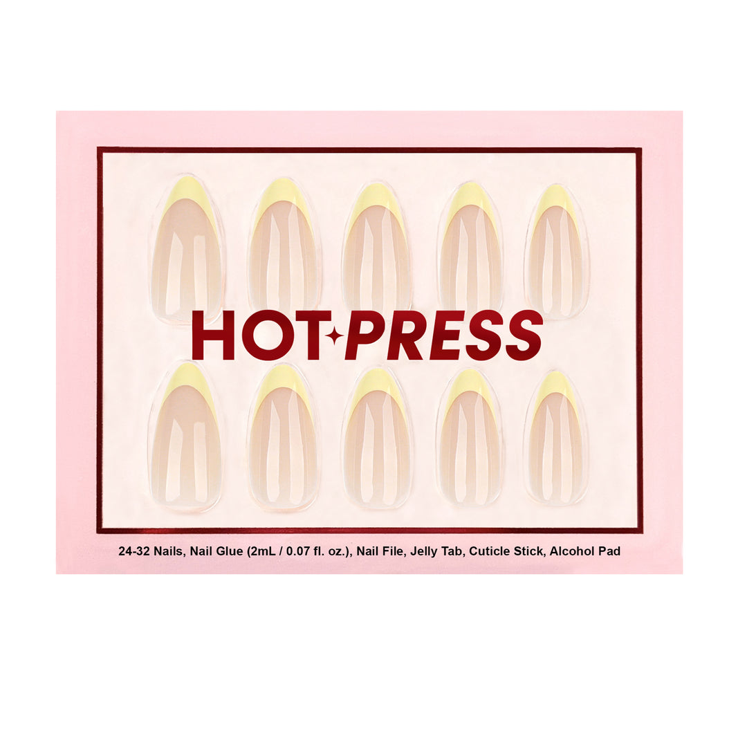 Honey Dip almond press-on nails featuring a vibrant yellow French tip design.