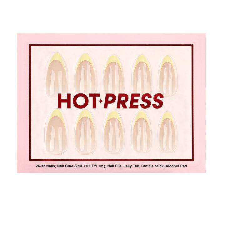 Honey Dip almond press-on nails featuring a vibrant yellow French tip design.