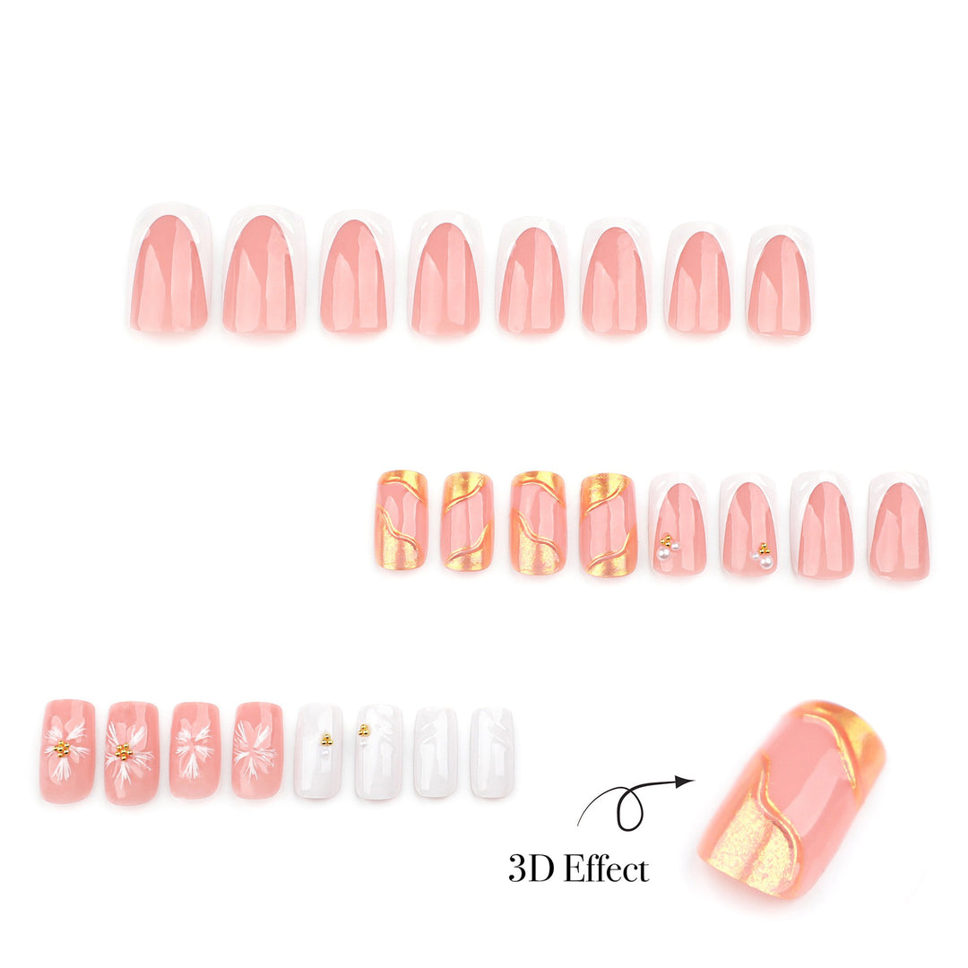 short square bridal press on nails featuring white French tips, 3D textured gold metallic lines, and delicate white wedding flower nail art.