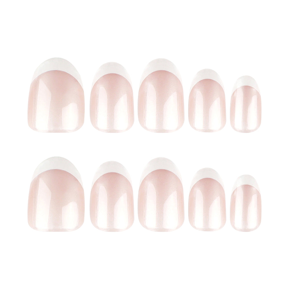 Pure Silhouette short almond press-on nails featuring a high-gloss shimmering base with clean white French tips.