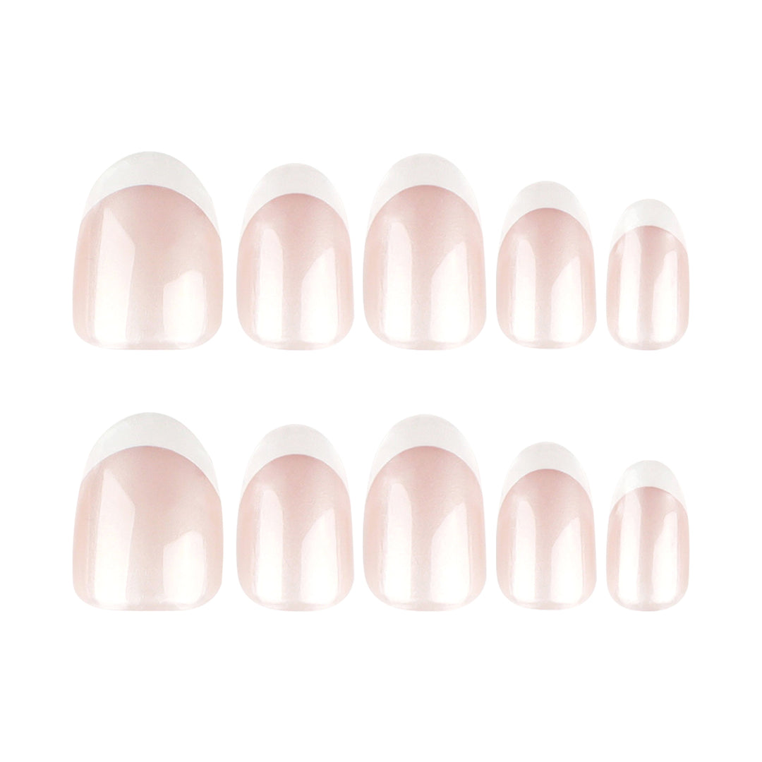 Pure Silhouette short almond press-on nails featuring a high-gloss shimmering base with clean white French tips.