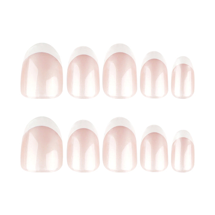 Pure Silhouette short almond press-on nails featuring a high-gloss shimmering base with clean white French tips.