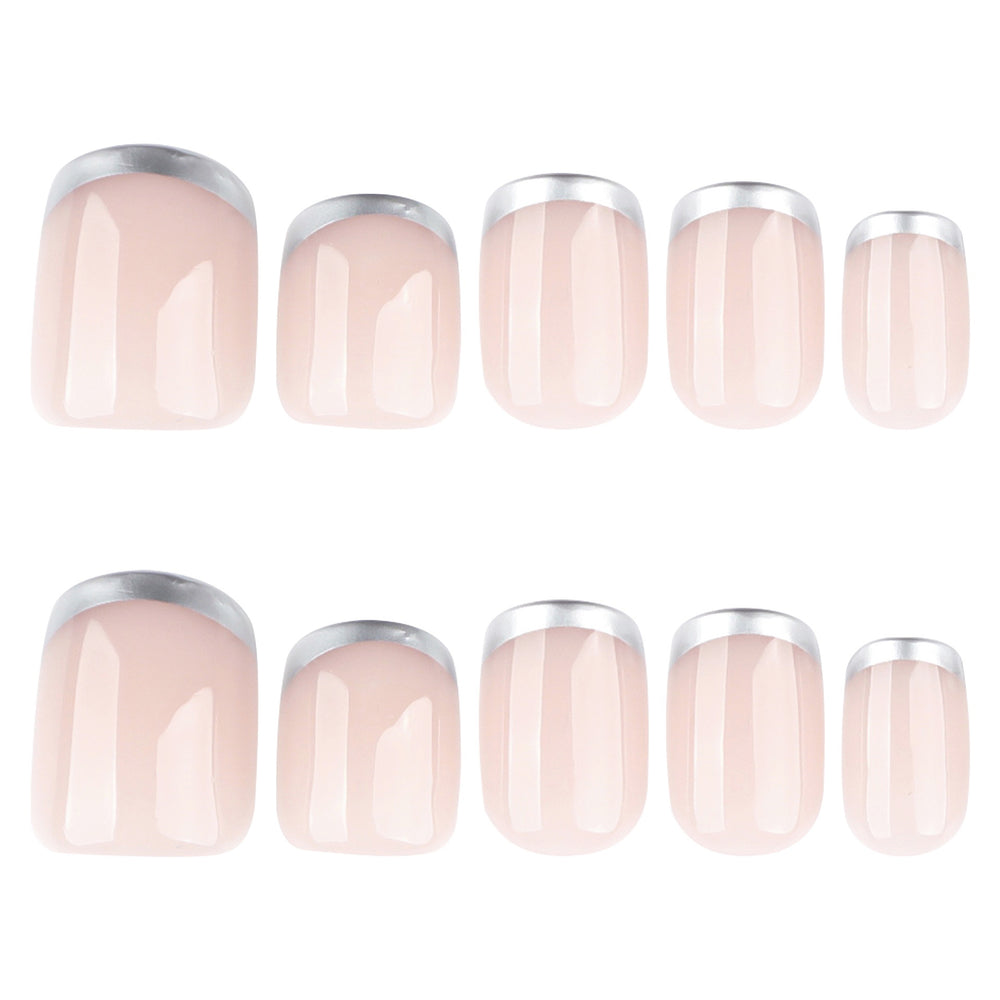 Silver Lining short almond press-on nails featuring a high-gloss translucent pink base with white French tips and detailed black bow accents.