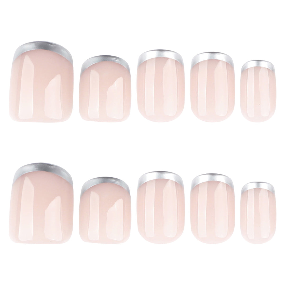 Silver Lining short almond press-on nails featuring a high-gloss translucent pink base with white French tips and detailed black bow accents.