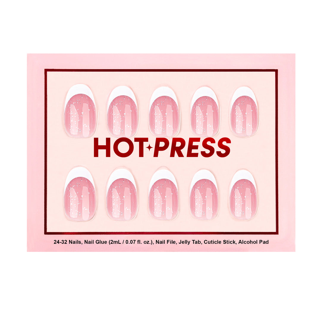 Sparkle Chic French short almond press-on nails featuring a high-gloss subtle glitter pink base with clean white French tips.