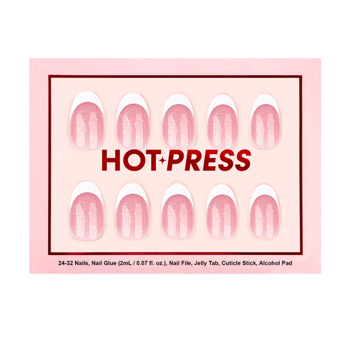 Sparkle Chic French short almond press-on nails featuring a high-gloss subtle glitter pink base with clean white French tips.
