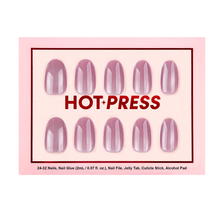 Sweet Plum medium almond press-on nails featuring a solid, ultra-polished muted dusty plum purple base coat.